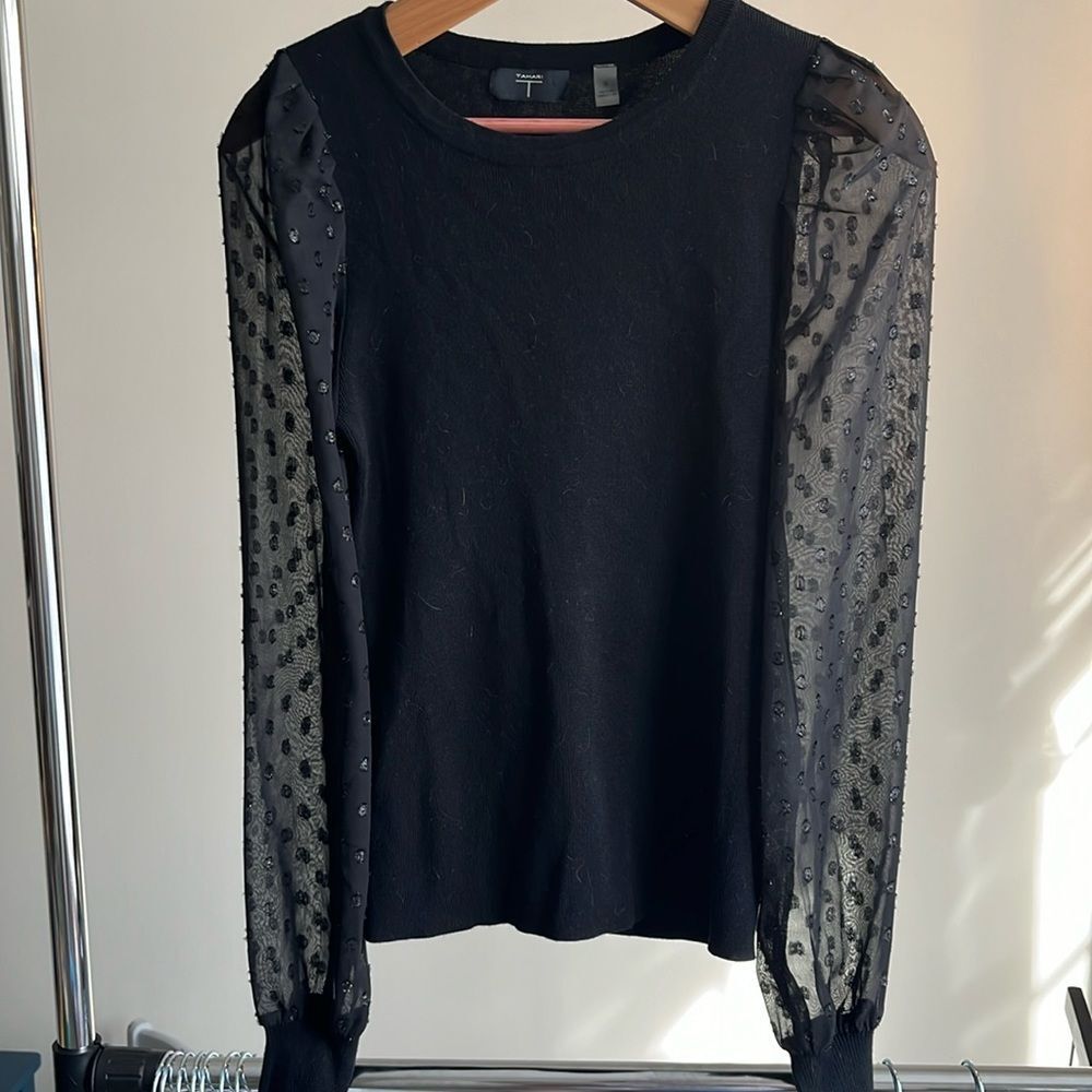 Tahari Black Dot Sheer Long Sleeve Shirt Blouse Size M